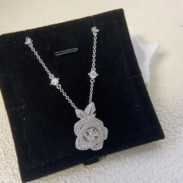 Rose Motif Pavé-Set Dual-Tone Pendant Necklaces 5