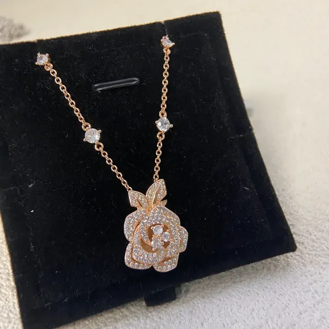 Rose Motif Pavé-Set Dual-Tone Pendant Necklaces 6