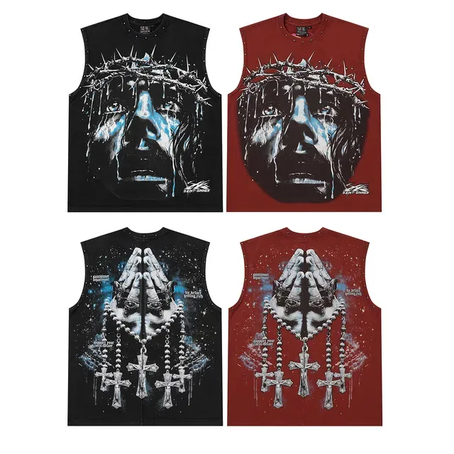 SAINT-SINNER Burgundy Black Graphic-Print Studded Shoulders Vest Top 2