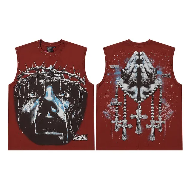 SAINT-SINNER Burgundy Black Graphic-Print Studded Shoulders Vest Top 3