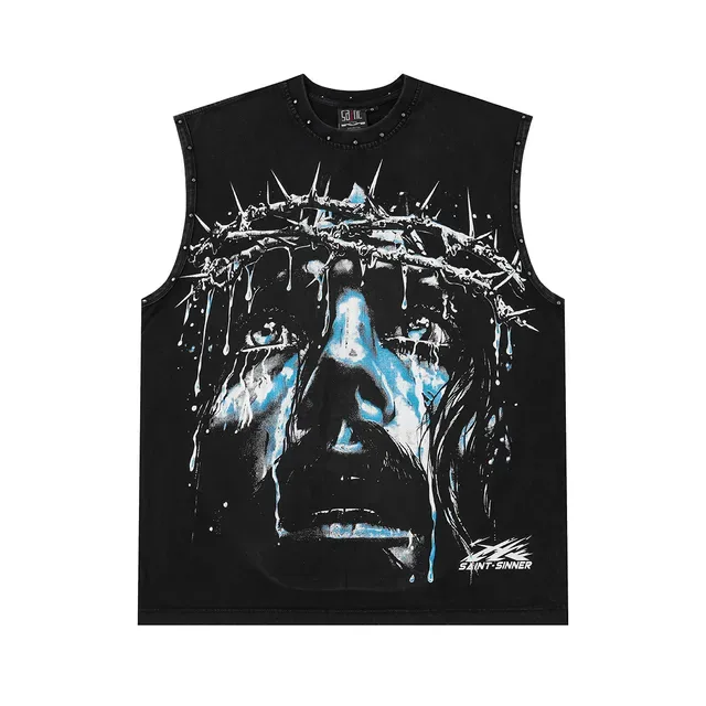 SAINT-SINNER Burgundy Black Graphic-Print Studded Shoulders Vest Top 5