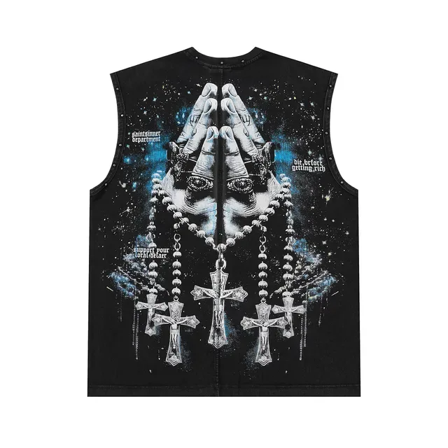 SAINT-SINNER Burgundy Black Graphic-Print Studded Shoulders Vest Top 6