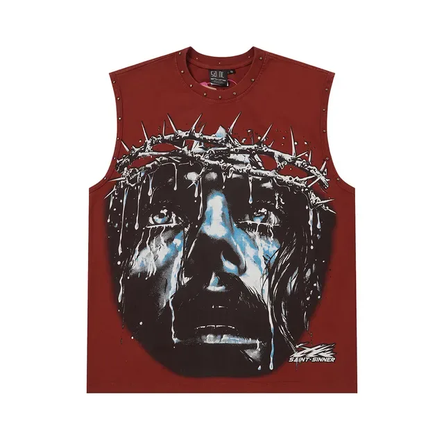 SAINT-SINNER Burgundy Black Graphic-Print Studded Shoulders Vest Top 7
