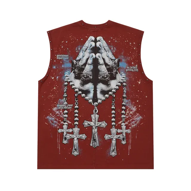 SAINT-SINNER Burgundy Black Graphic-Print Studded Shoulders Vest Top 8