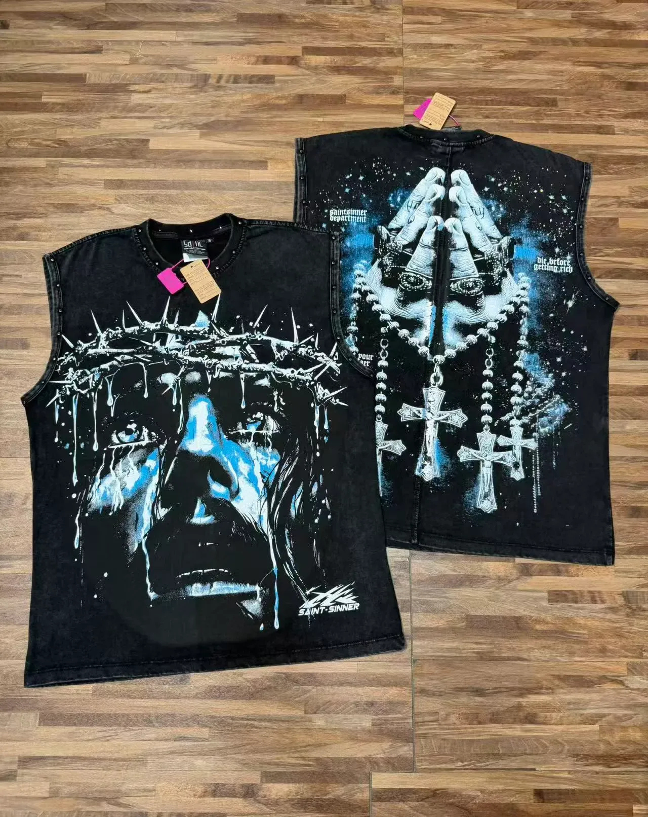 SAINT-SINNER Burgundy Black Graphic-Print Studded Shoulders Vest Top 9