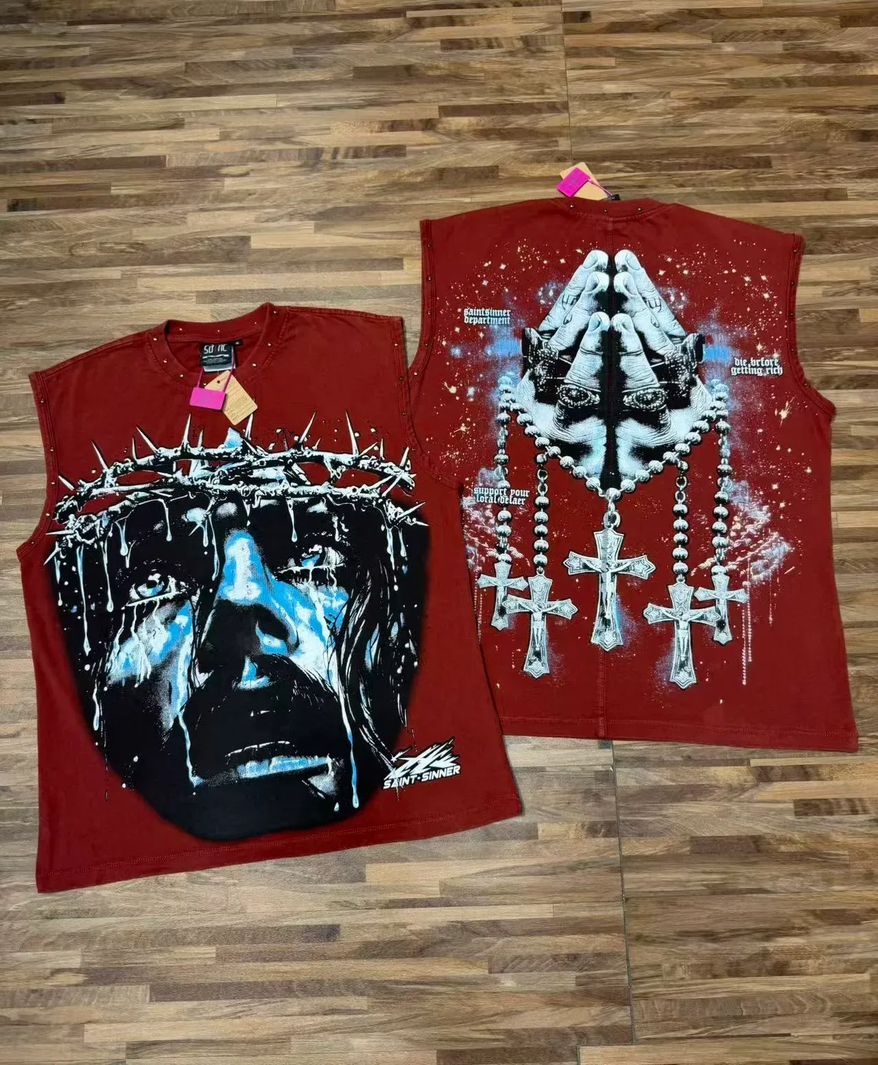 SAINT-SINNER Burgundy Black Graphic-Print Studded Shoulders Vest Top 12