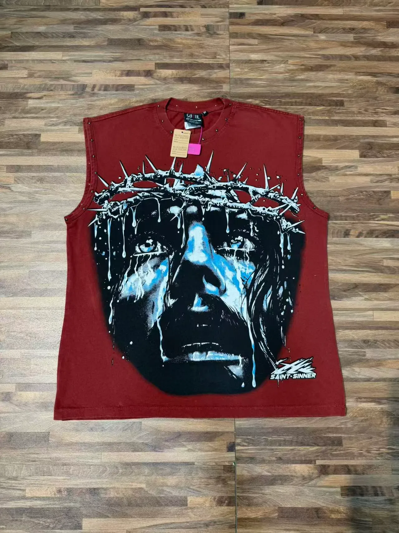 SAINT-SINNER Burgundy Black Graphic-Print Studded Shoulders Vest Top 13
