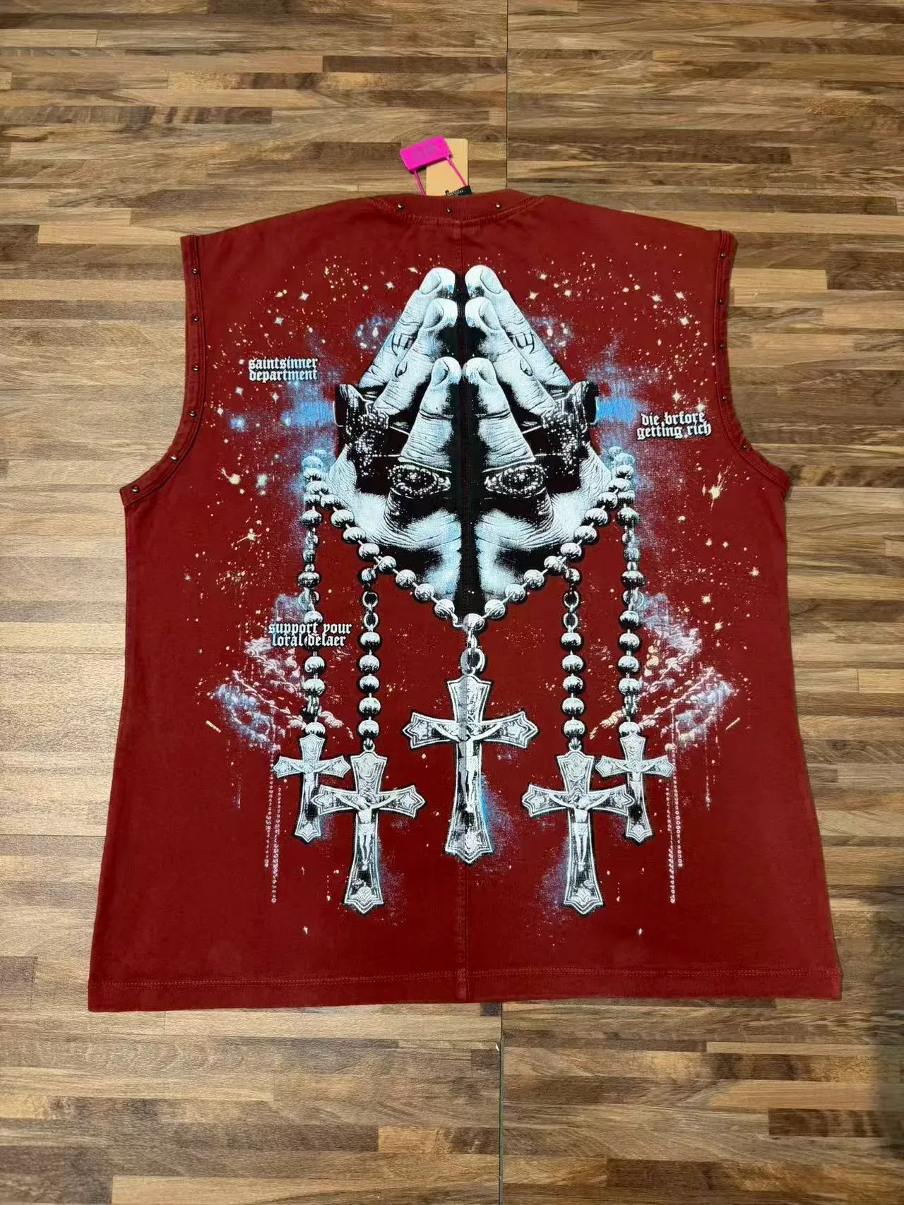 SAINT-SINNER Burgundy Black Graphic-Print Studded Shoulders Vest Top 14