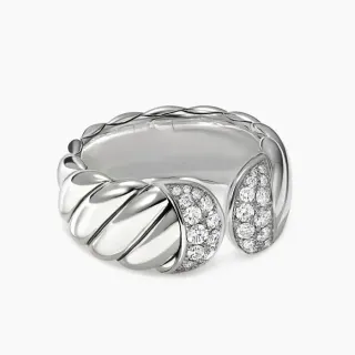Sculpted Ribbed Band Pavé-Set Stone Ring