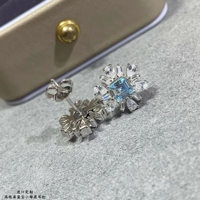 Sea Blue Square-Cut Floral Stud Earrings 4