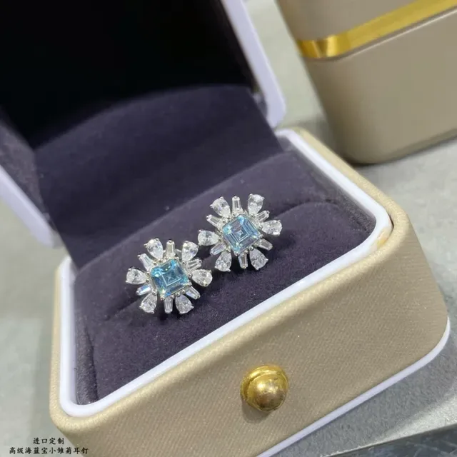 Sea Blue Square-Cut Floral Stud Earrings 5