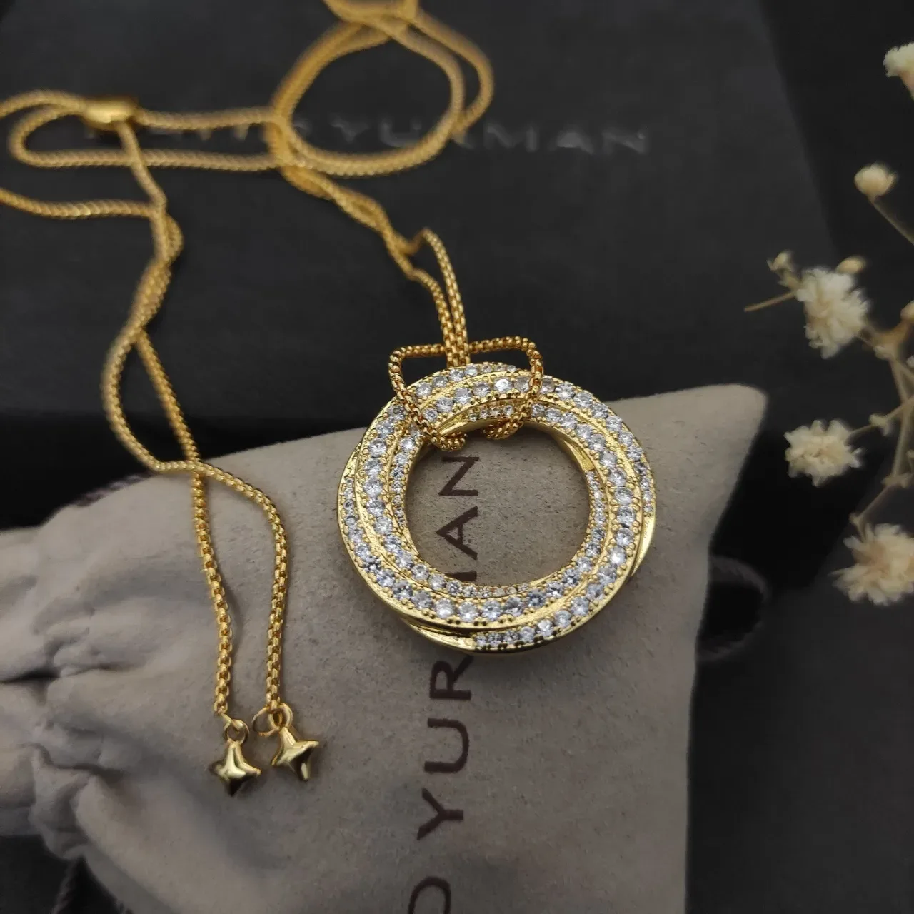 Silver and Gold Tone Double Ring Pave Pendant Necklaces 2
