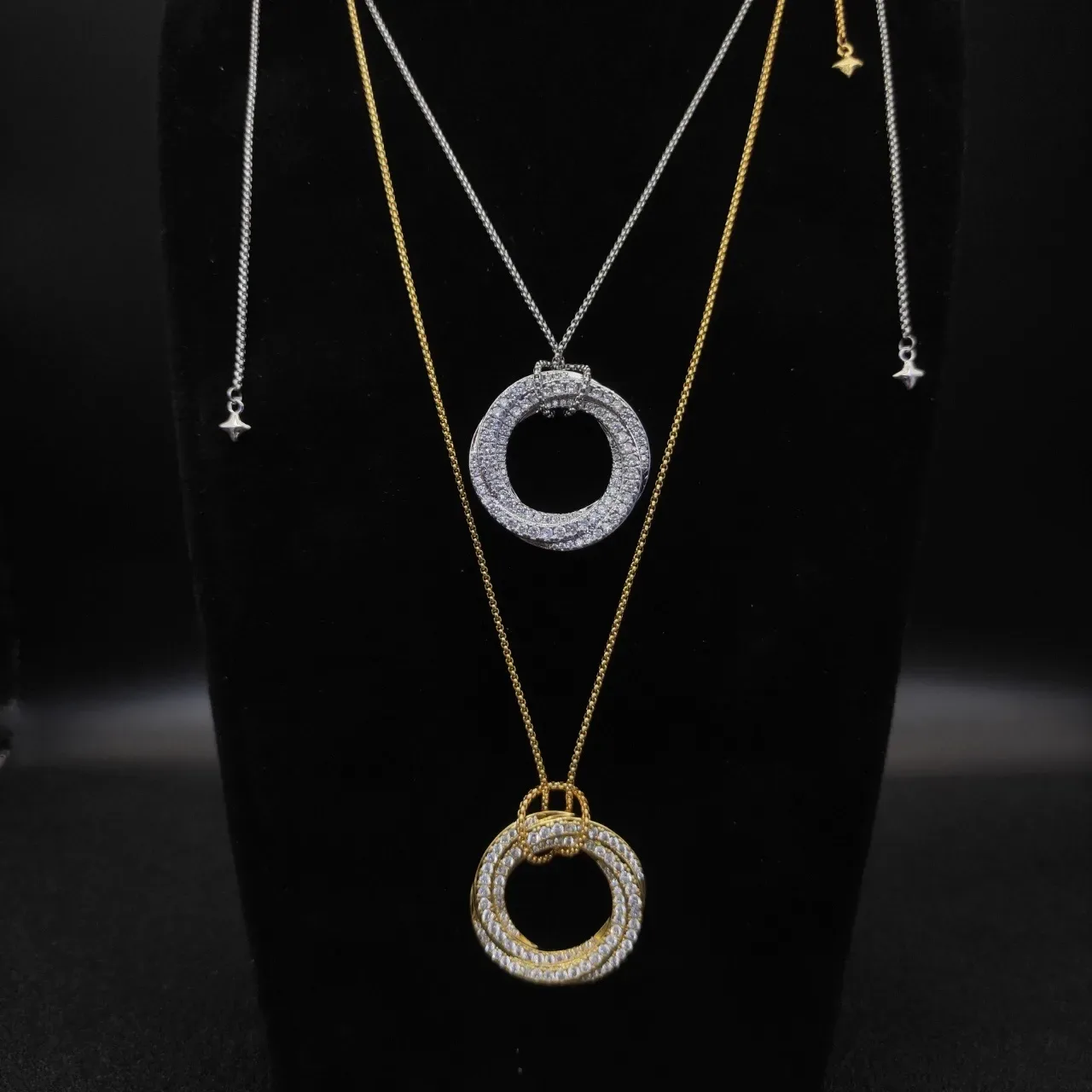 Silver and Gold Tone Double Ring Pave Pendant Necklaces 5