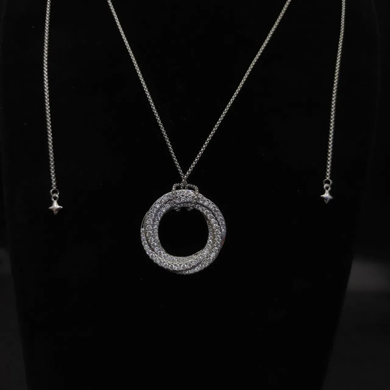 Silver and Gold Tone Double Ring Pave Pendant Necklaces 6