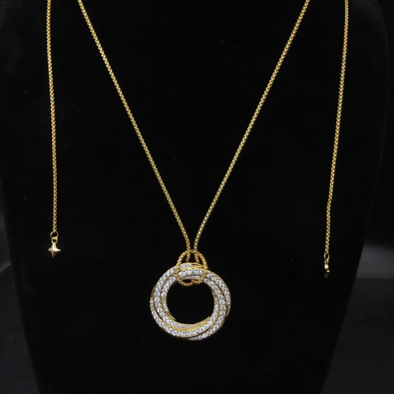 Silver and Gold Tone Double Ring Pave Pendant Necklaces 7