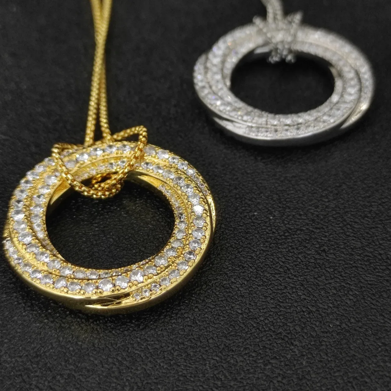Silver and Gold Tone Double Ring Pave Pendant Necklaces 9