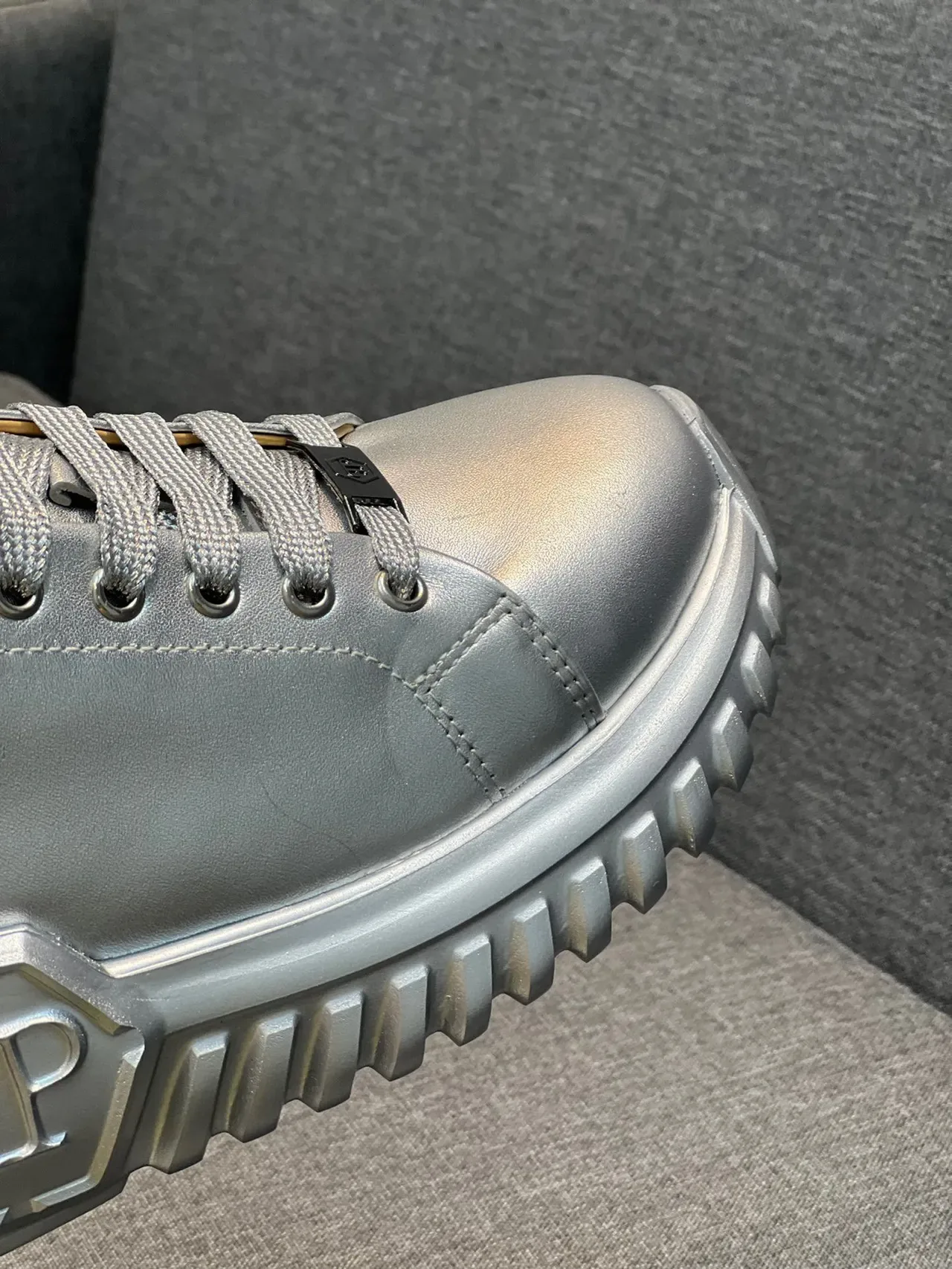 Silver Beige Metallic Leather Upper Sculpted Ridged Sole Sneakers 3