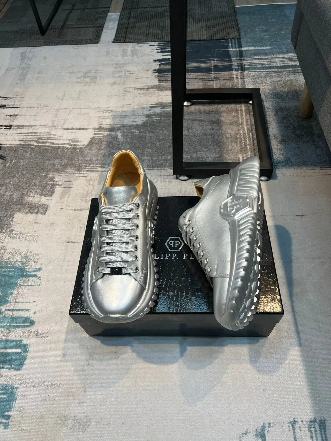 Silver Beige Metallic Leather Upper Sculpted Ridged Sole Sneakers 4