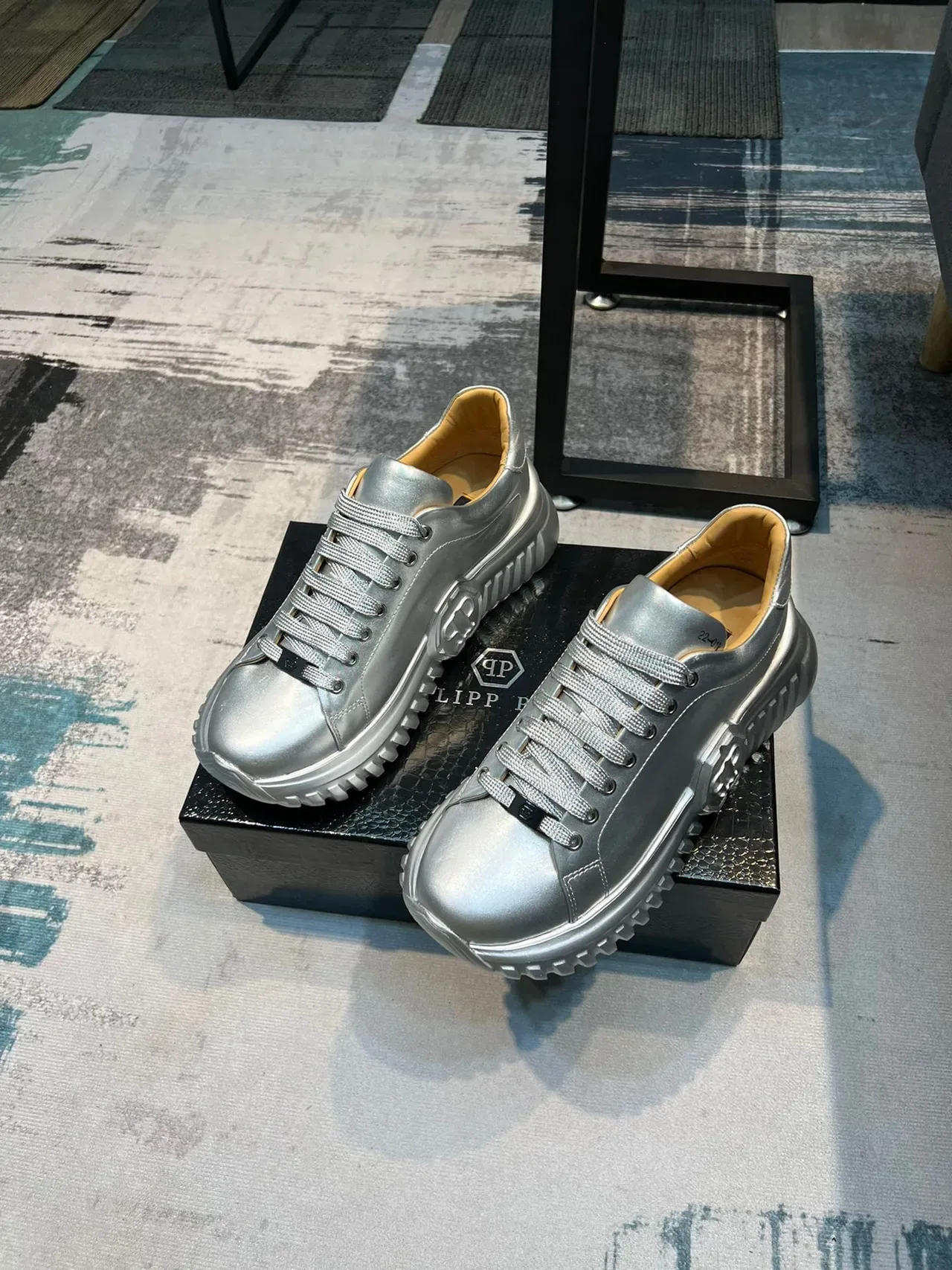 Silver Beige Metallic Leather Upper Sculpted Ridged Sole Sneakers 5