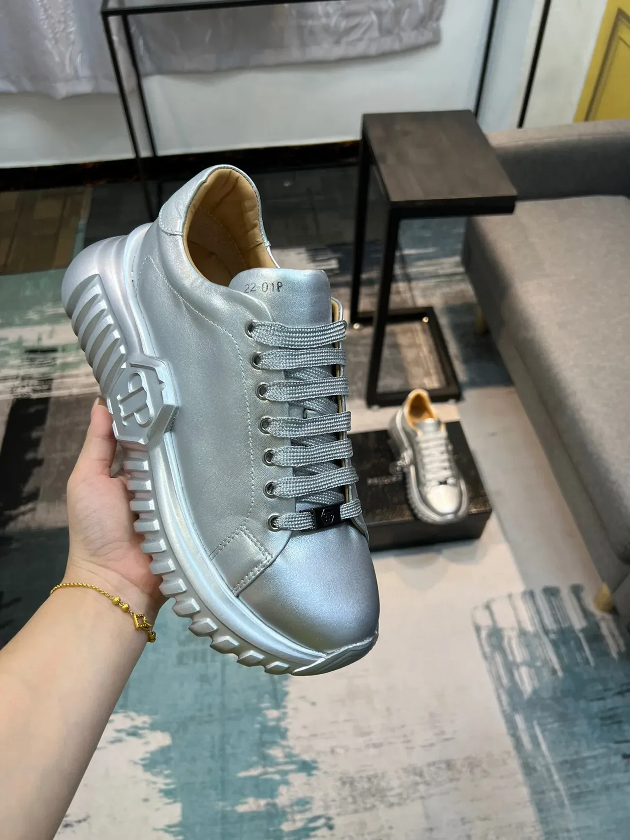 Silver Beige Metallic Leather Upper Sculpted Ridged Sole Sneakers 6