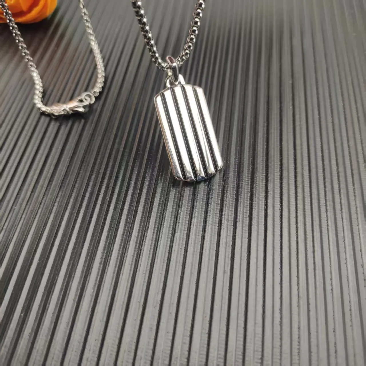 Silver Black Dog-Tag Pendant Brushed Metal Finish Necklace 6