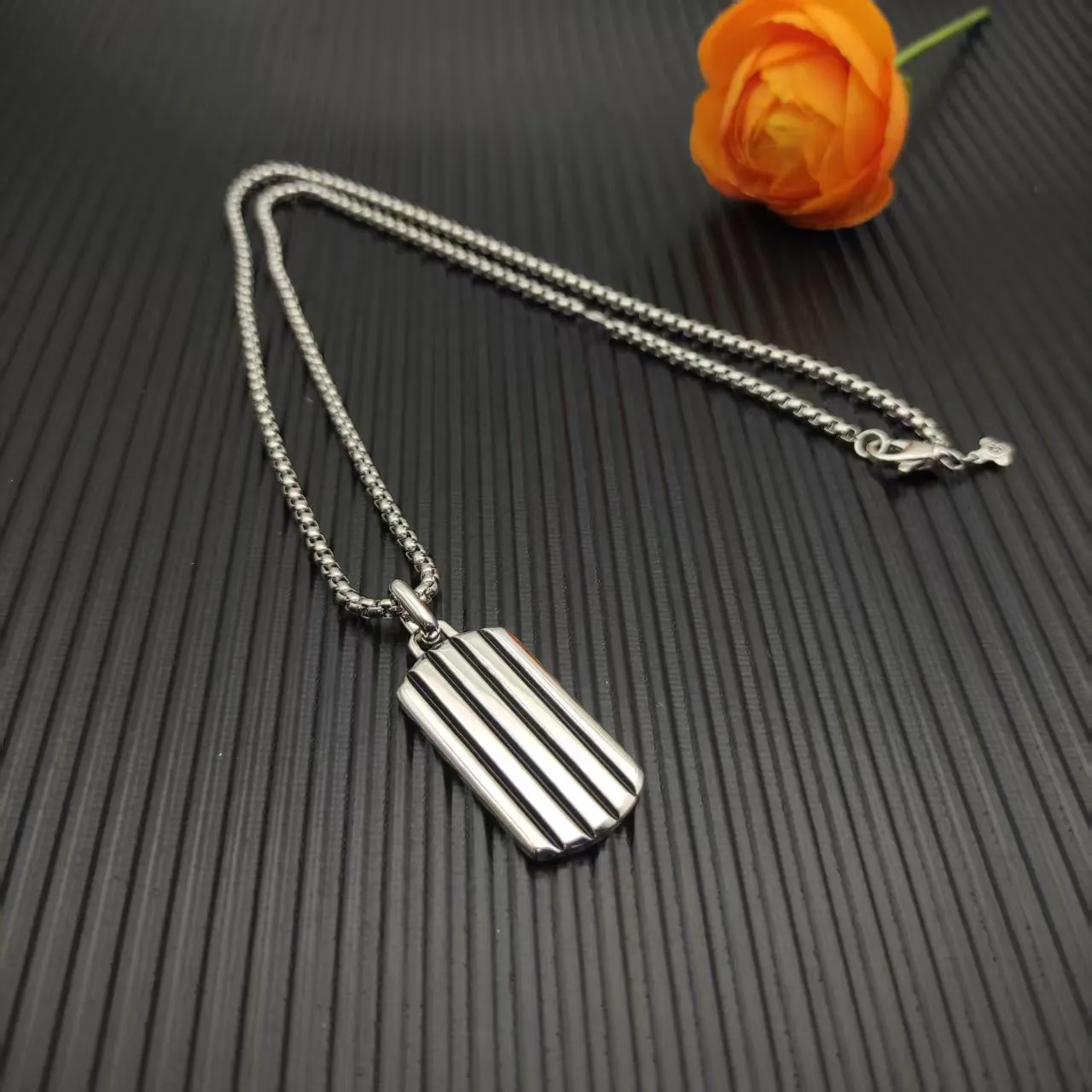 Silver Black Dog-Tag Pendant Brushed Metal Finish Necklace 9