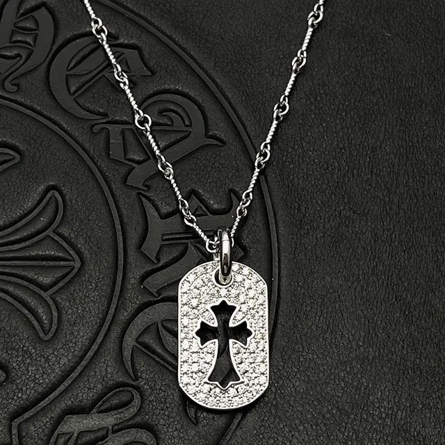 Silver Black Dog Tag Pendant Pavé-Textured Surface Necklace 1
