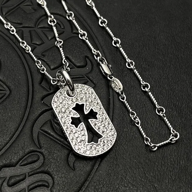 Silver Black Dog Tag Pendant Pavé-Textured Surface Necklace 6