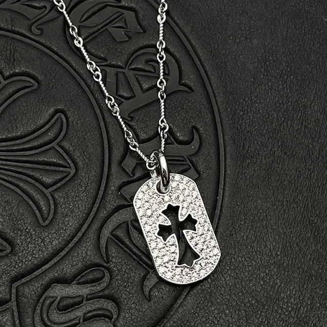 Silver Black Dog Tag Pendant Pavé-Textured Surface Necklace 8