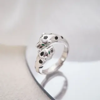 Silver Black Dual Panther-Head Motif Enamel Spots Ring