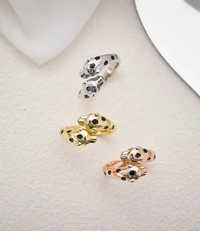 Silver Black Dual Panther-Head Motif Enamel Spots Ring 5