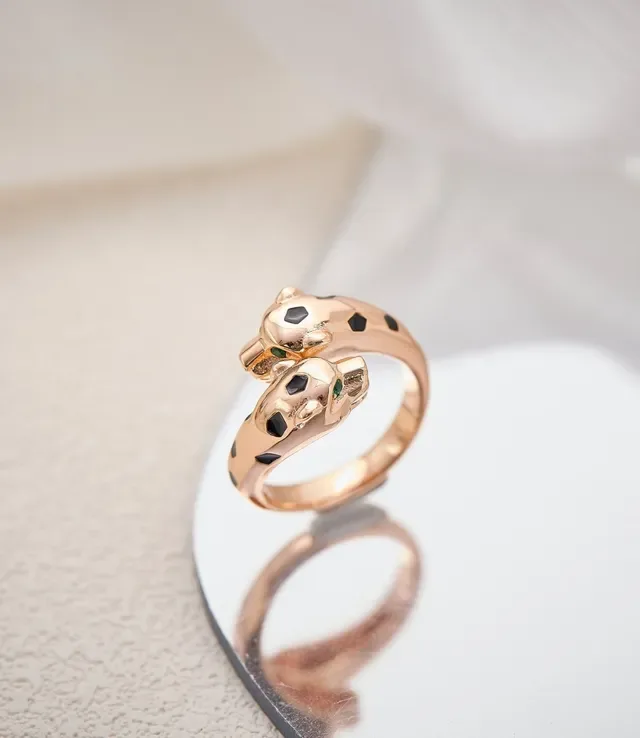 Silver Black Dual Panther-Head Motif Enamel Spots Ring 7