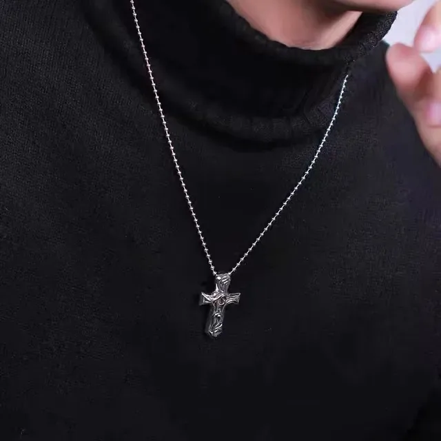 Silver Black Ornate Cross Pendant Scrollwork Engraving Necklace 2