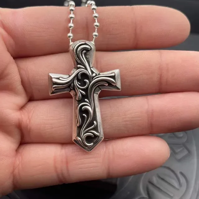Silver Black Ornate Cross Pendant Scrollwork Engraving Necklace 3
