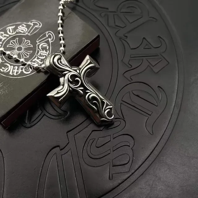 Silver Black Ornate Cross Pendant Scrollwork Engraving Necklace 5