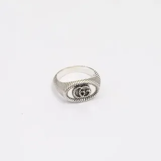 Silver Black Textured Rope-Like Band Oval-Shaped Face Ring