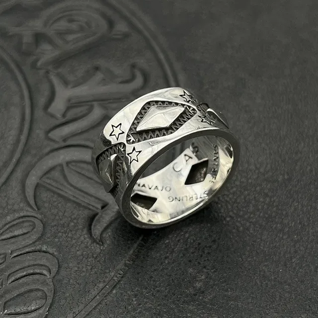Silver Black Wide Band Engraved Stars And Diamonds Ring 5