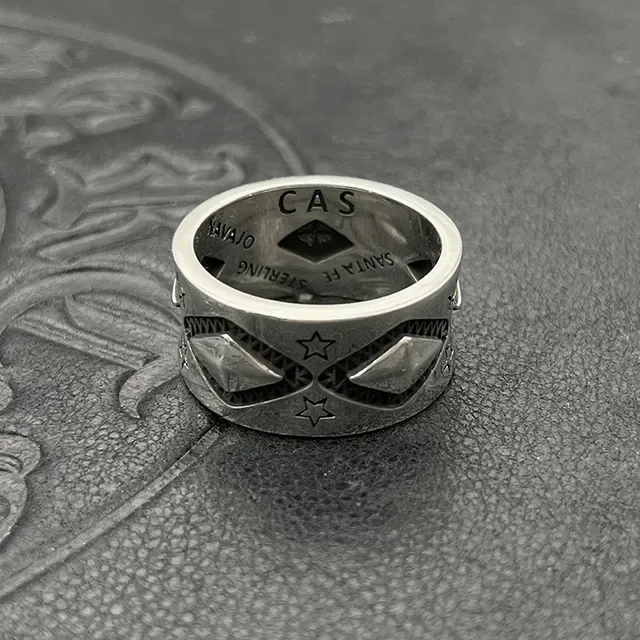 Silver Black Wide Band Engraved Stars And Diamonds Ring 6