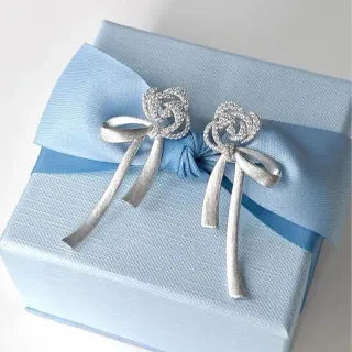 Silver Blue Bow-Shaped Crystal-Embellished Earrings