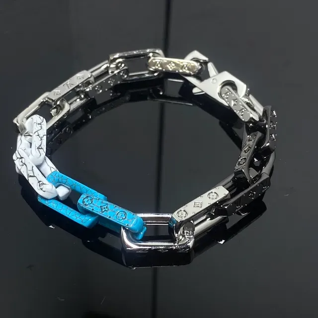 Silver Blue Chunky Chain-Link Enamel-Crackle Finish Bracelet 2