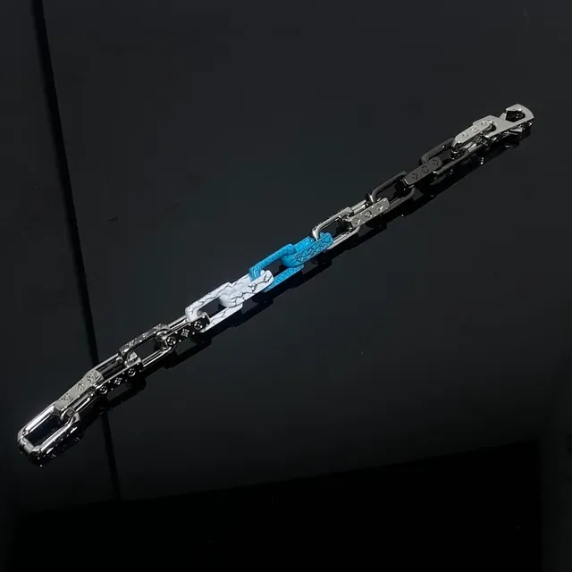 Silver Blue Chunky Chain-Link Enamel-Crackle Finish Bracelet 3