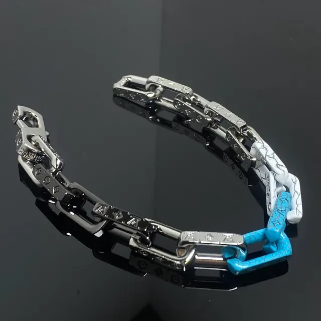 Silver Blue Chunky Chain-Link Enamel-Crackle Finish Bracelet 4