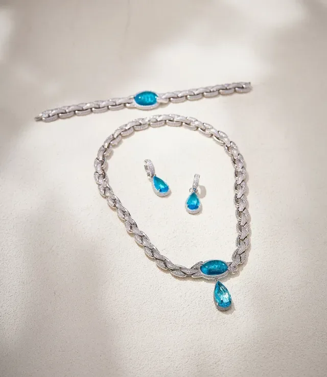 Silver Blue Pavé-Set Chain-Link High-Polish Metal Bracelet 5