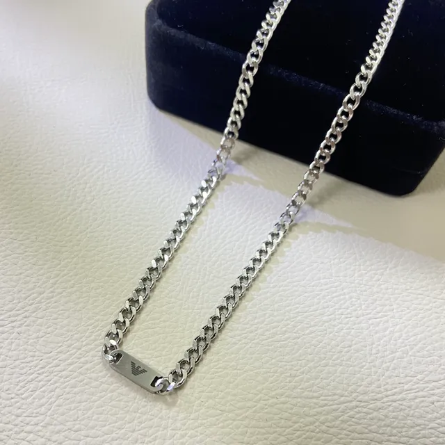 Silver Curb Chain Rectangular Tag Pendant Necklace 1