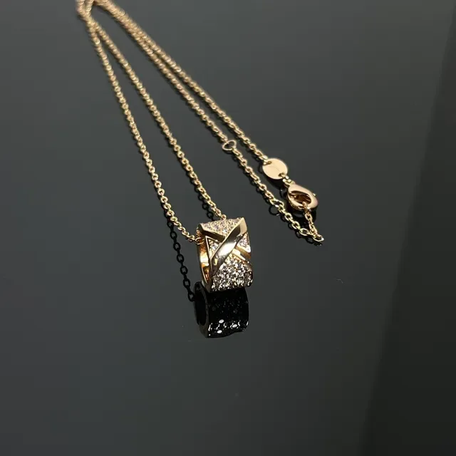 Silver Gold Geometric Pavé Pendant Crossed-Band Motif Necklace 4