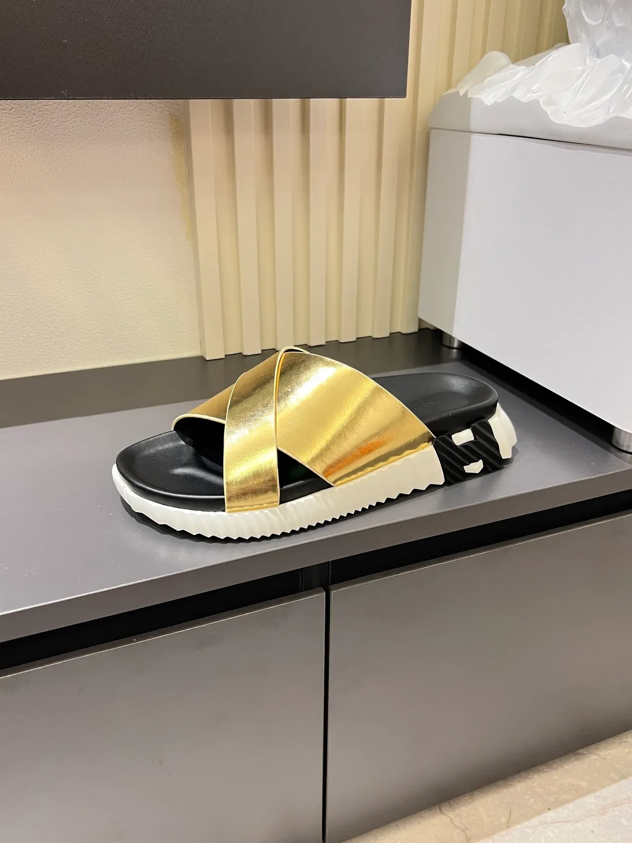Silver Gold Metallic Crisscross Straps Thick Ridged Platform Sole Slippers 3