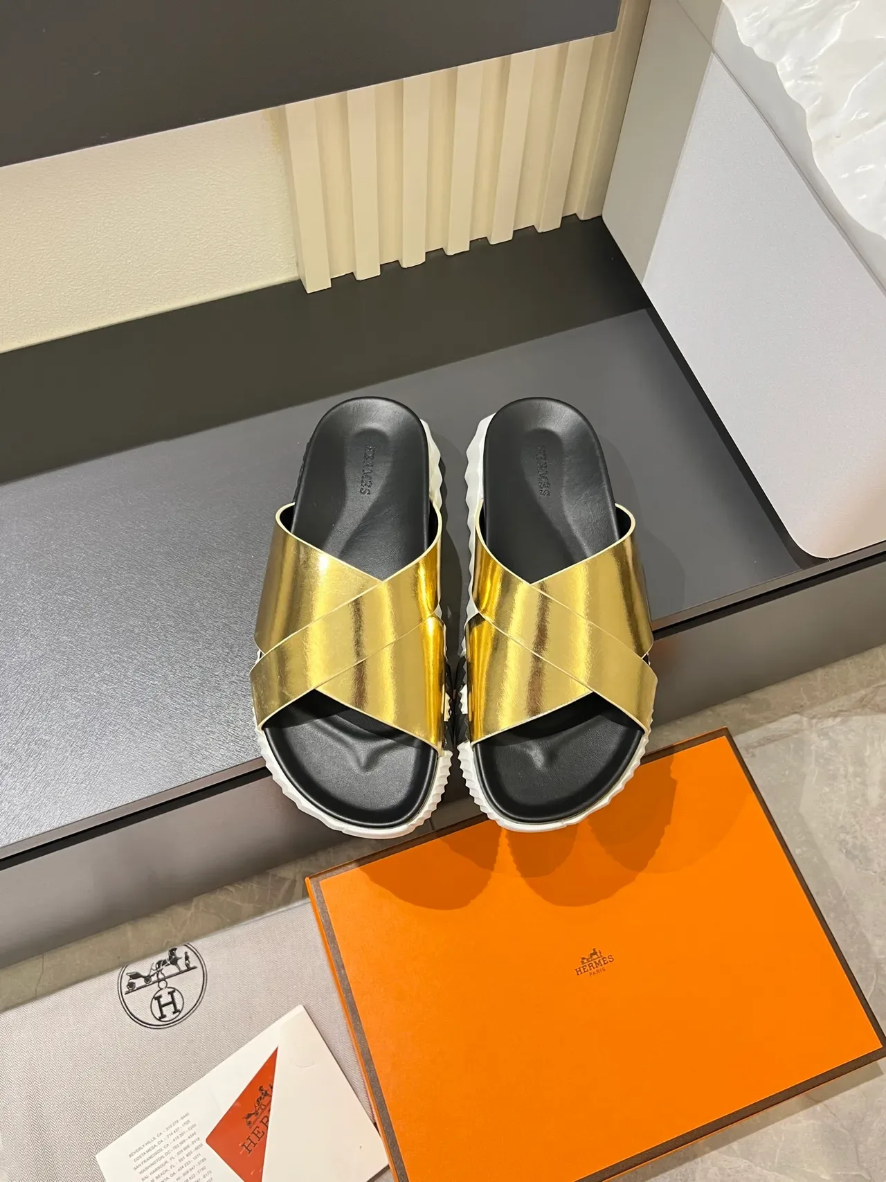 Silver Gold Metallic Crisscross Straps Thick Ridged Platform Sole Slippers 4
