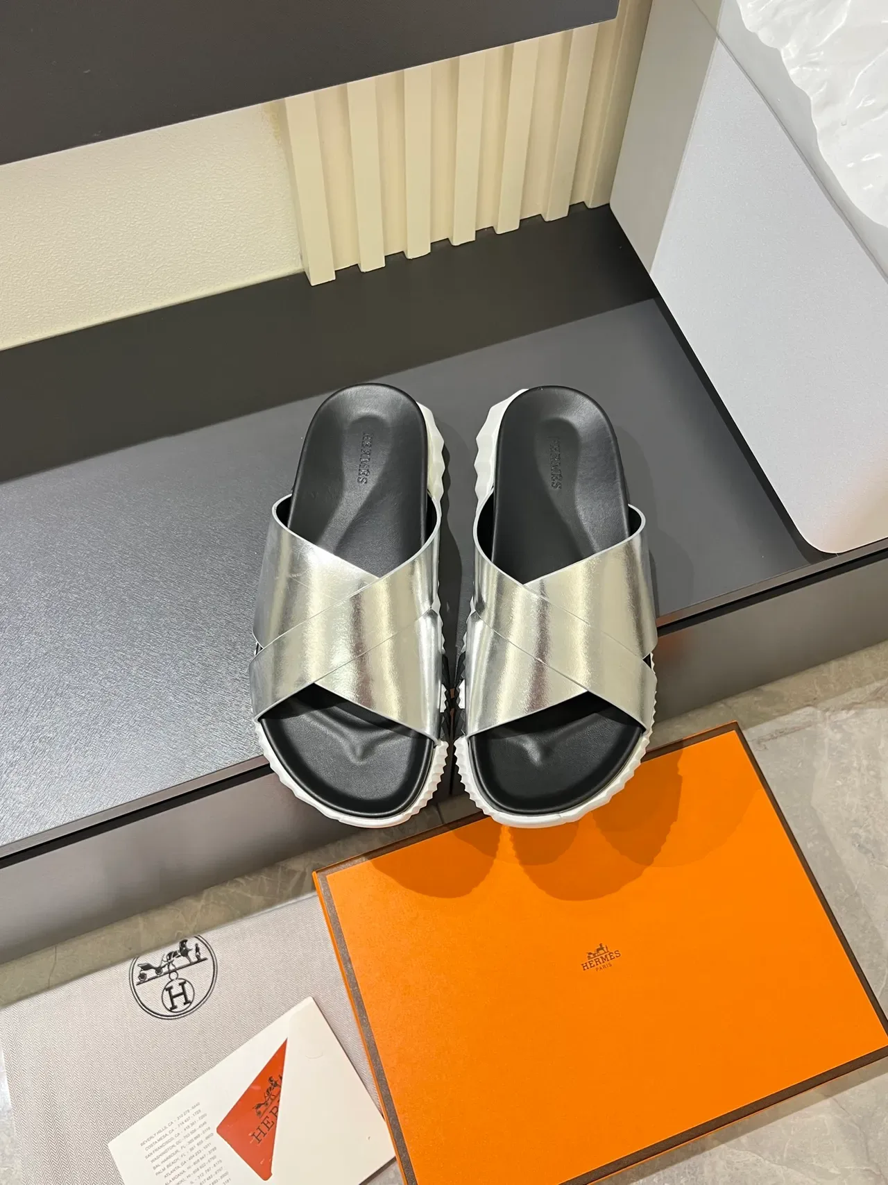 Silver Gold Metallic Crisscross Straps Thick Ridged Platform Sole Slippers 7