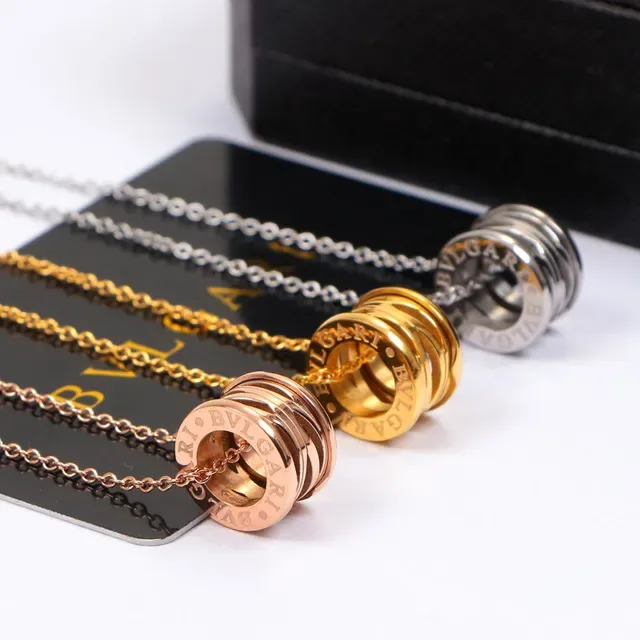 Silver Gold Multi-Ring Cylindrical Pendant Metallic Chain Necklace 5