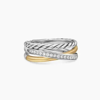 Silver Gold Twisted Rope Band Pavé Diamond Ring